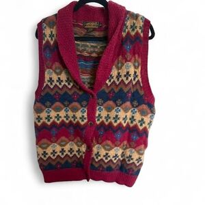 Vintage Eddie Bauer Red Brown and Blue Patterned Sweater Vest